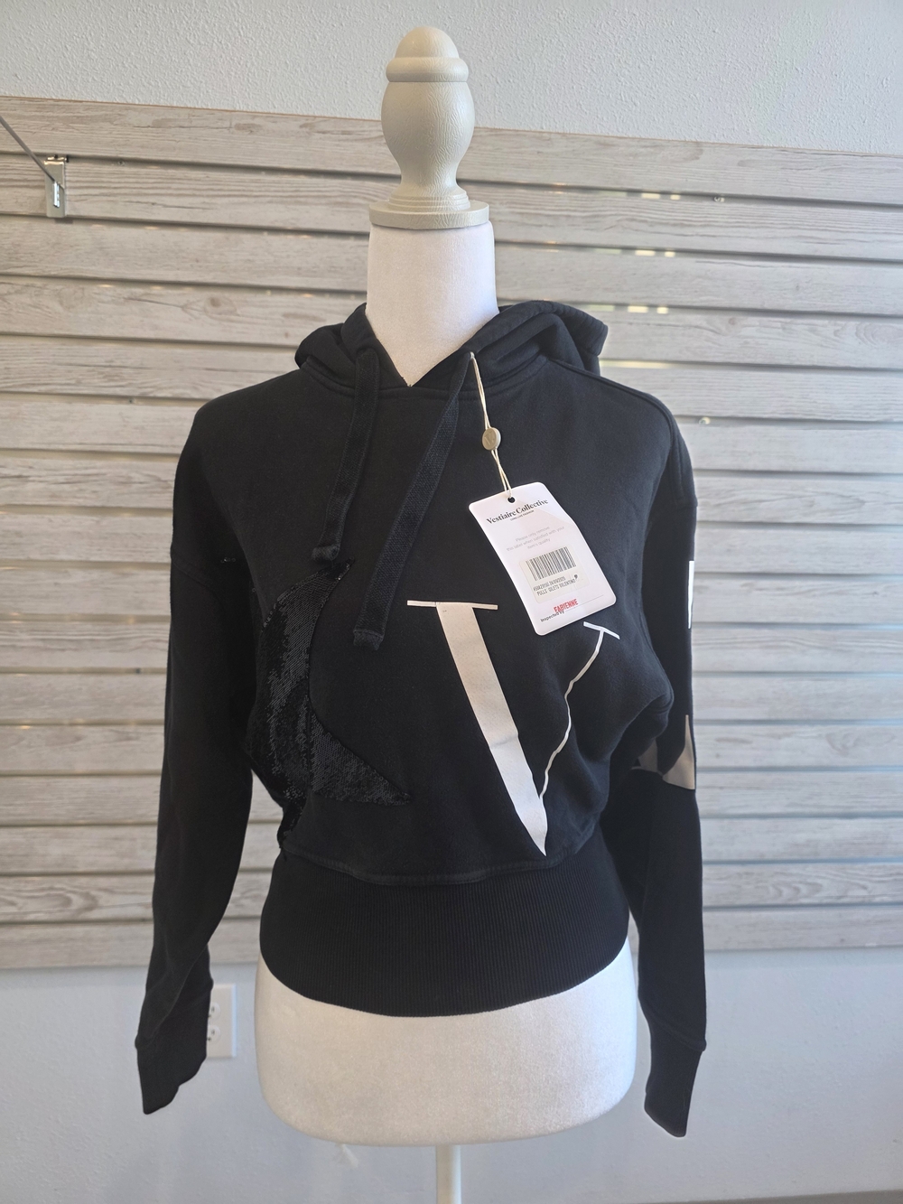 Valentino Black Crewneck Hoodie with White V Logo XXS